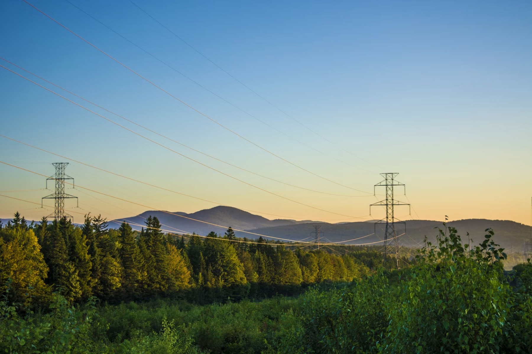 High-voltage transmission lines crossing a forested valley at dusk